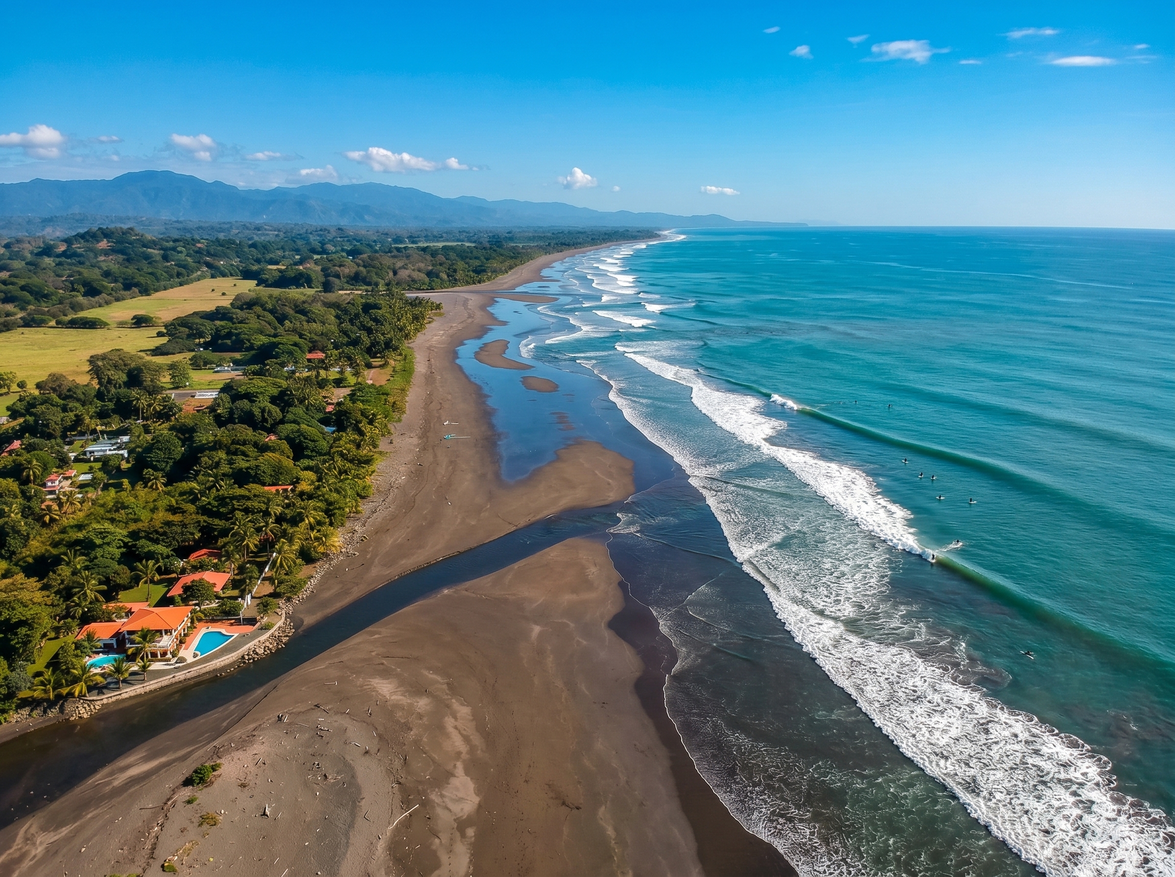 Aerial view of Playa Esterillos, an uncrowded alternative for a Jaco surf trip