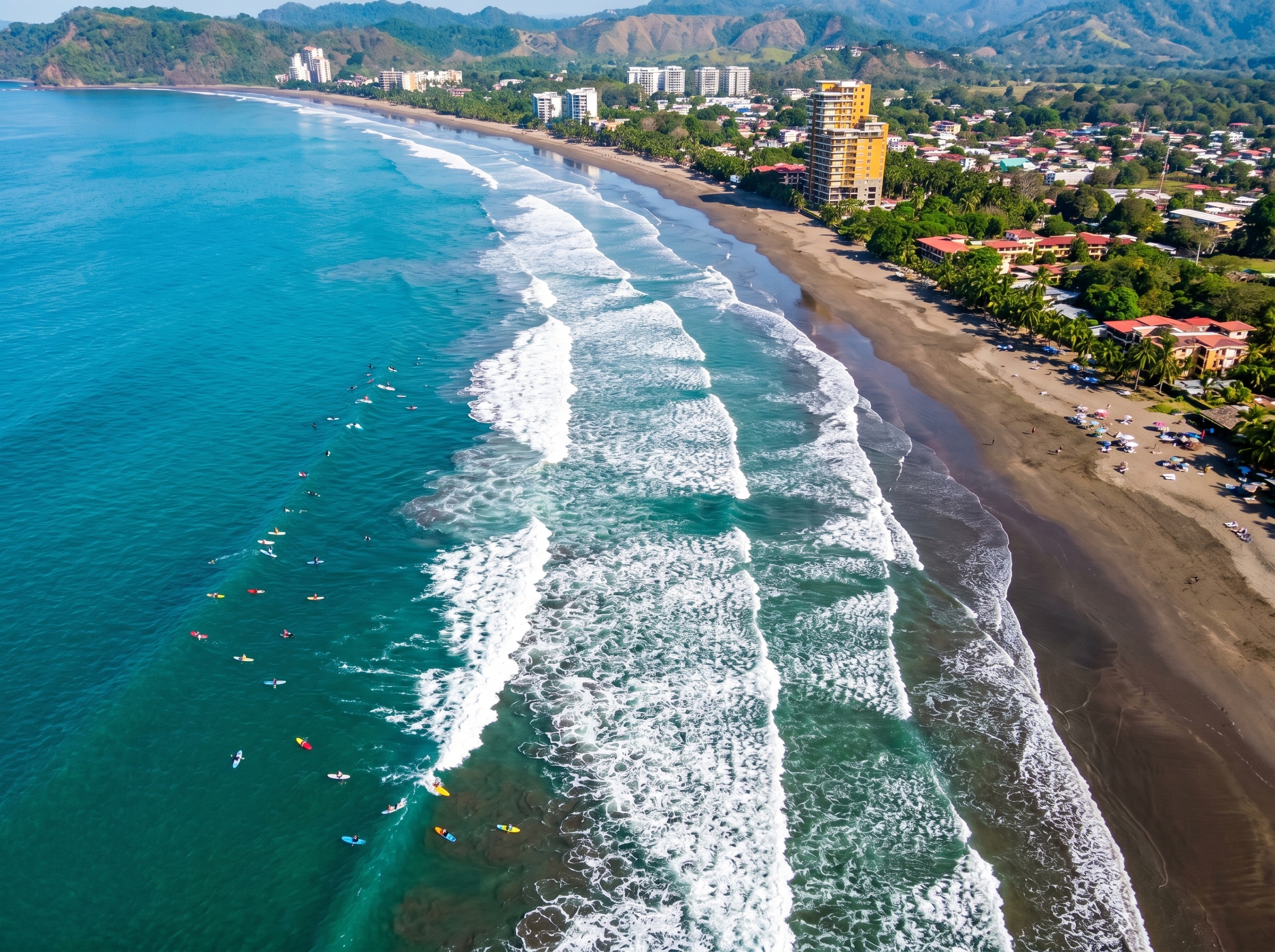 Aerial view of the main beach for surfing Jaco Costa Rica