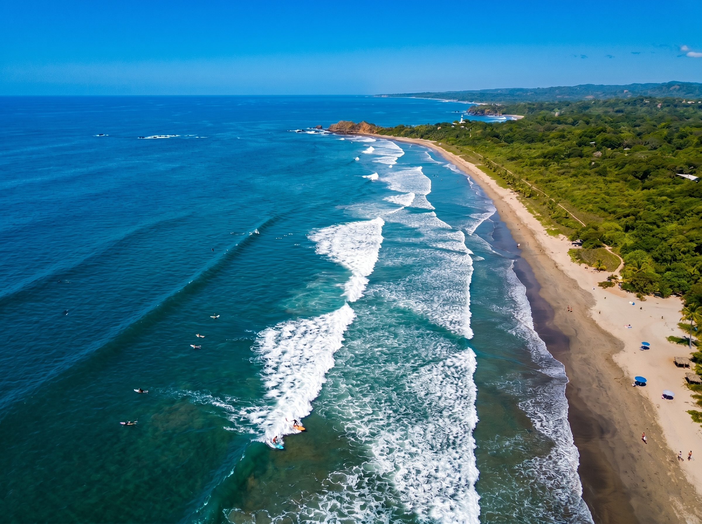 Aerial view of Playa Guiones surf breaks in Nosara Costa Rica