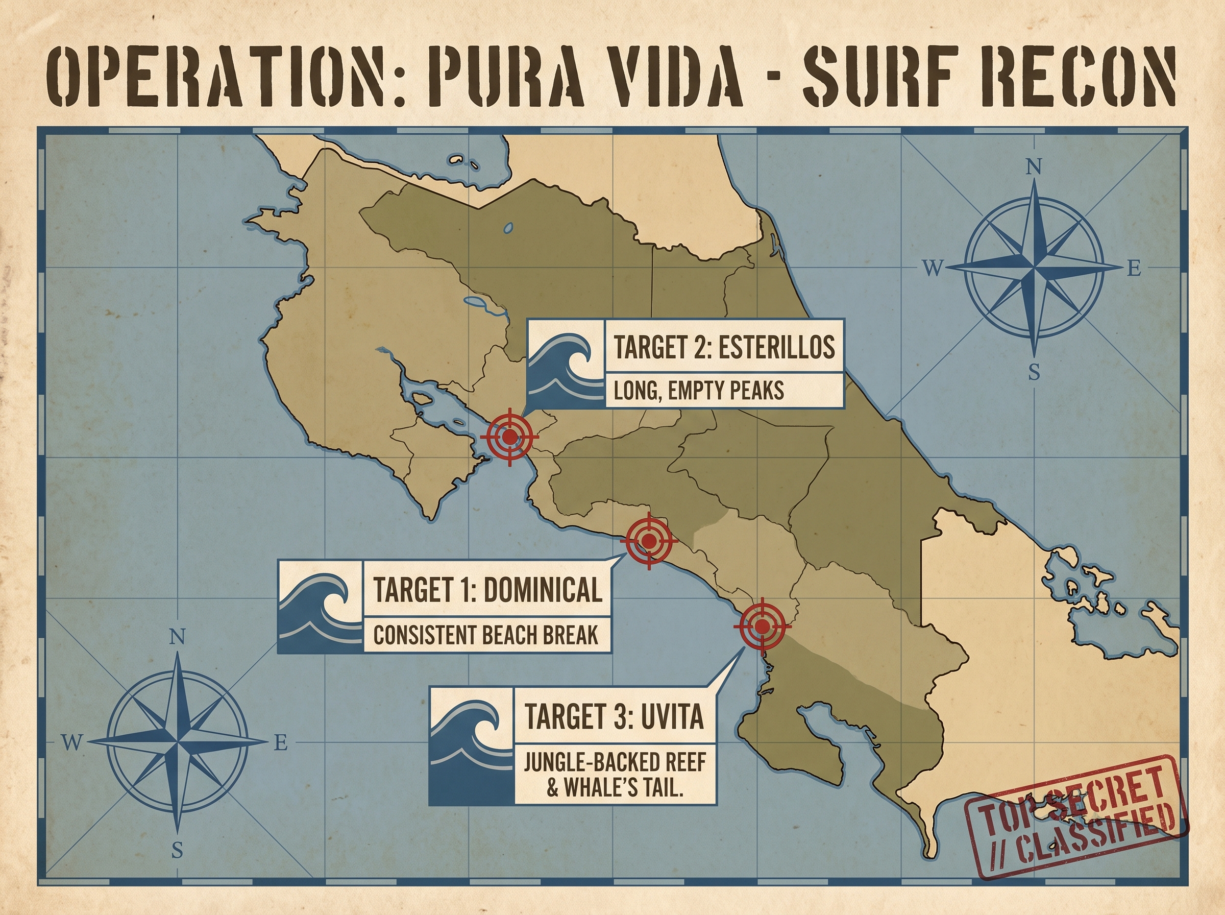 Surfing Map of Costa Rica