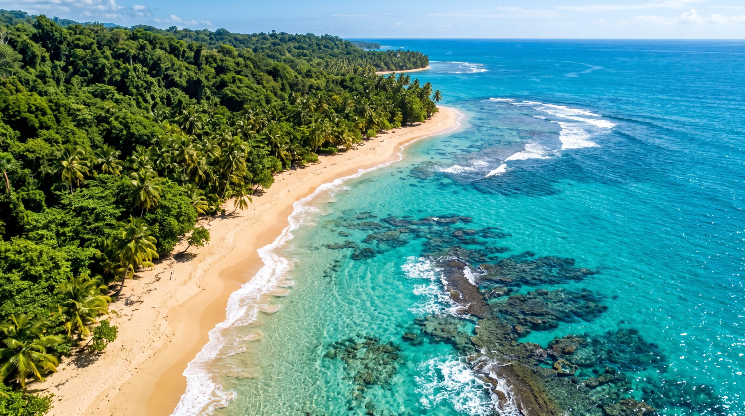Aerial view of the lush coastline and heavy beach break at Playa Hermosa Puntarenas