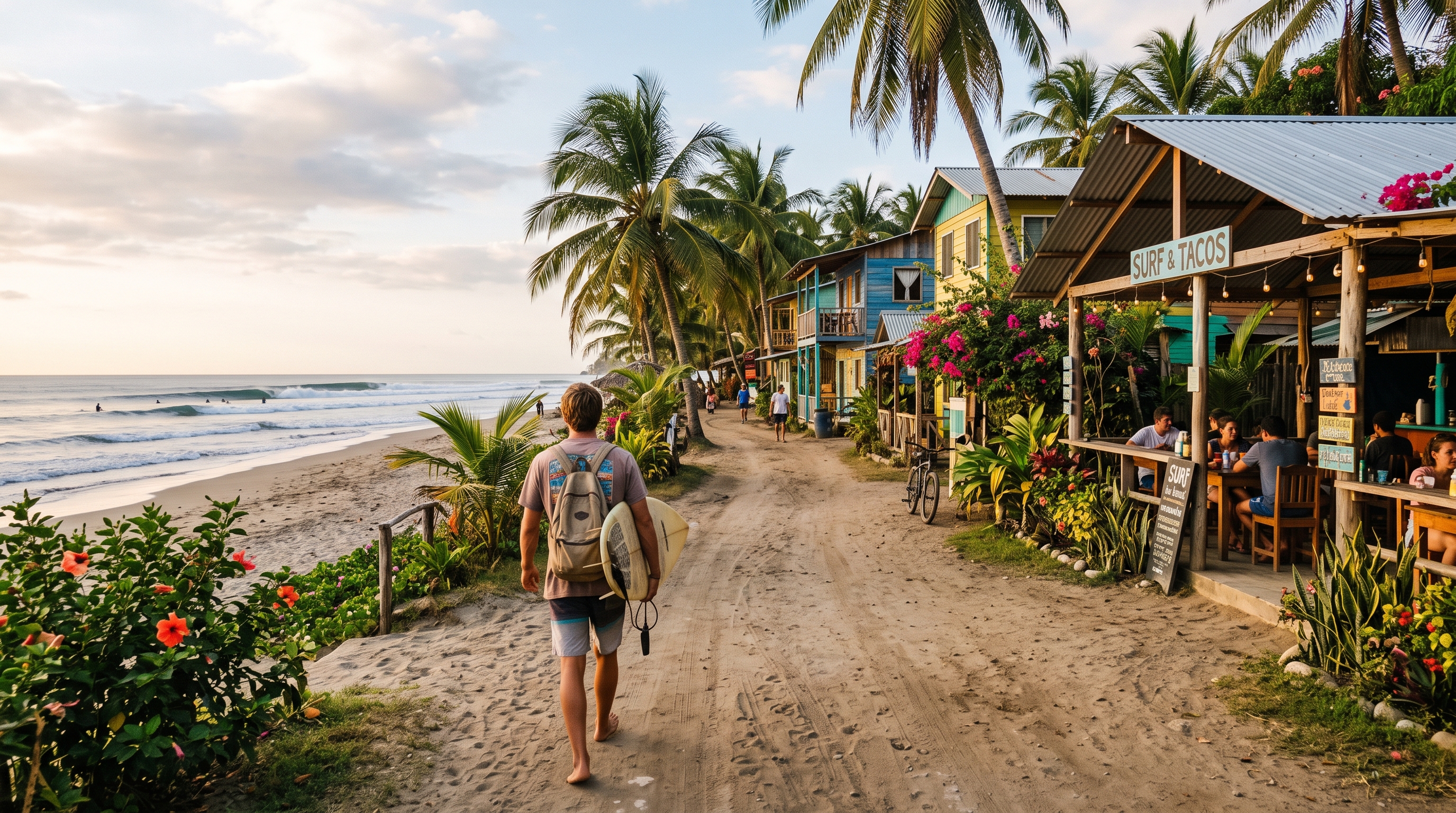 Backpacker walking down a dirt road with surfboard in Dominical