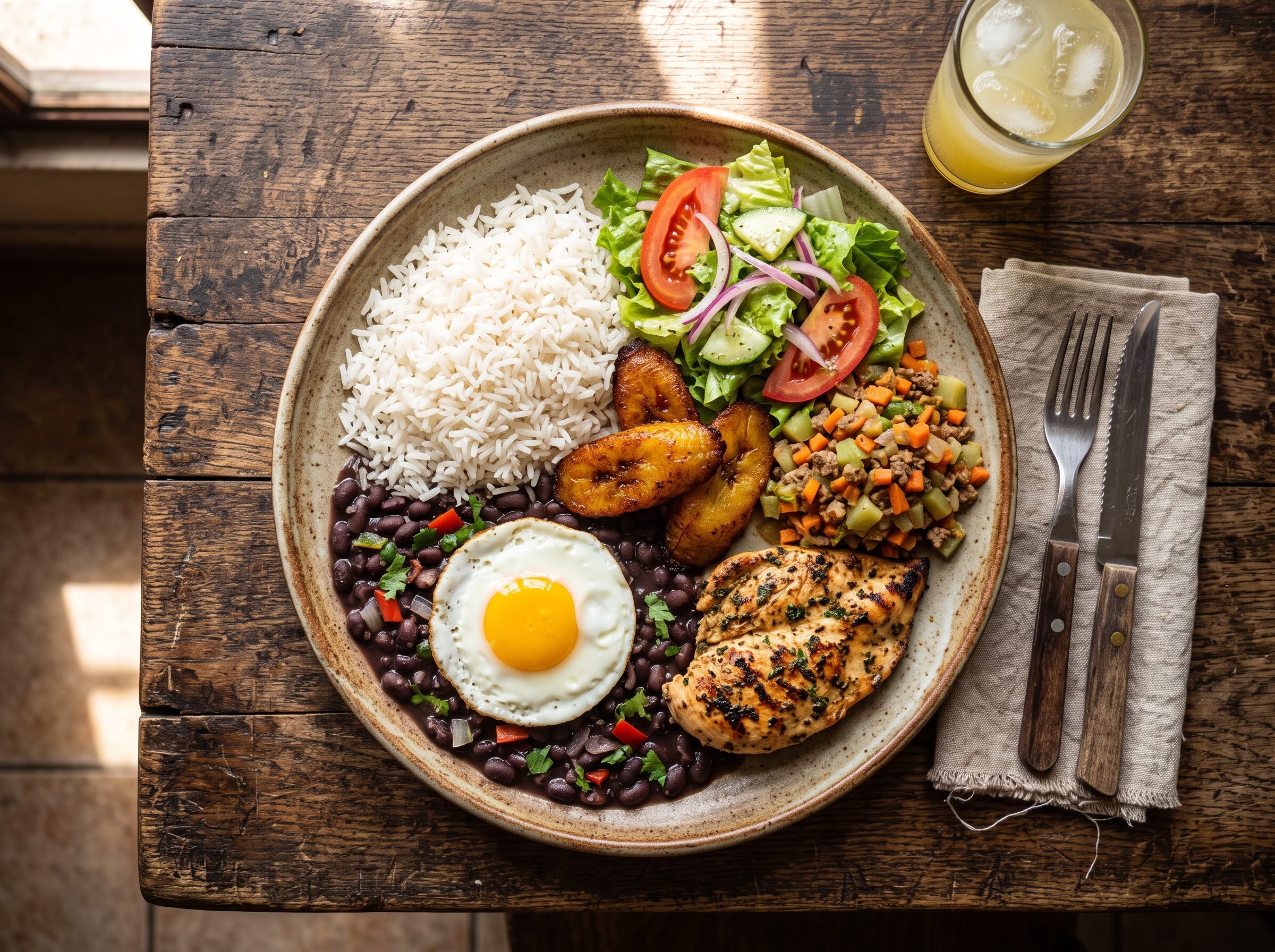 Traditional Costa Rican casado meal at a local soda for a budget surf trip