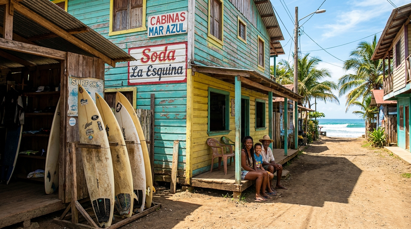 Family resting on a porch in an affordable coastal town near Costa Rica surf breaks