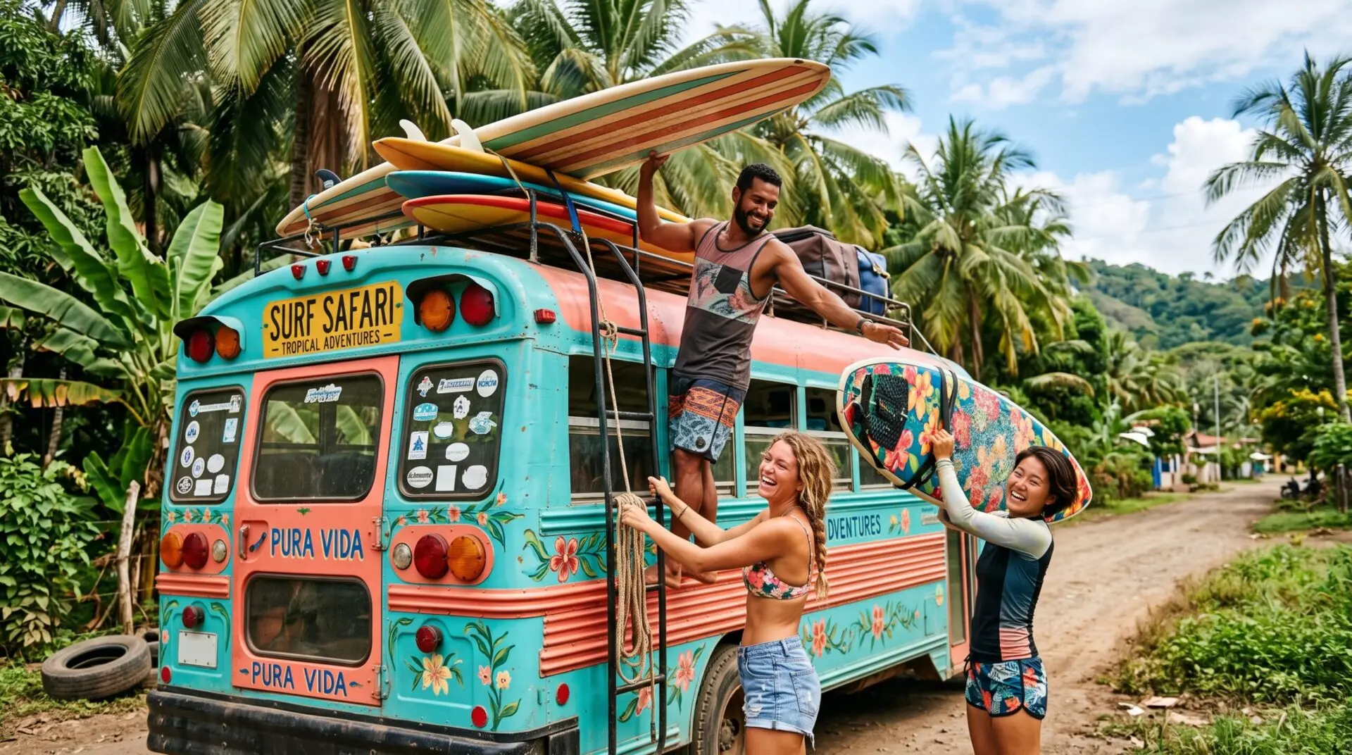 Friends loading surfboards onto a public bus