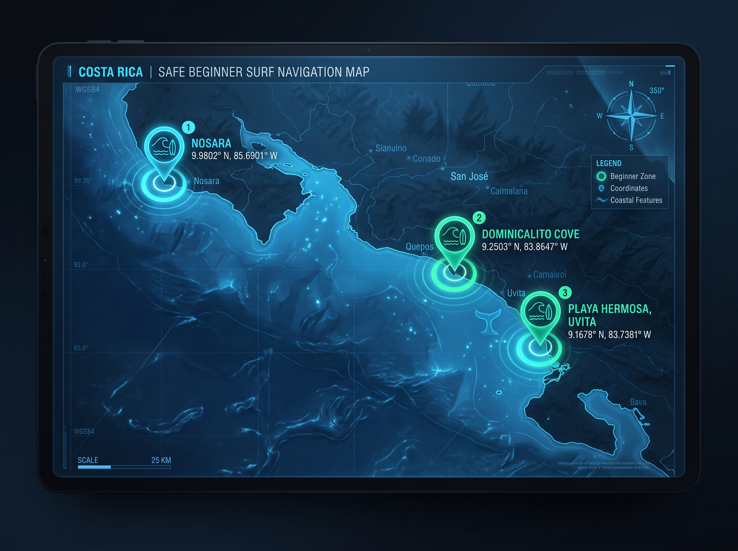 Costa Rica surf trip budget - Navigational map for surf spot coordinates