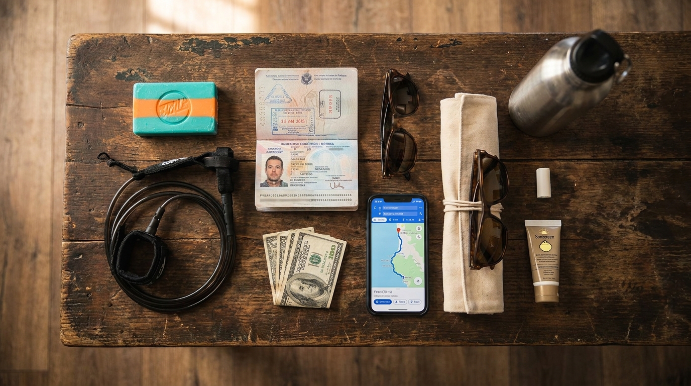Flat lay of essential surf gear for a cheap surf trip costa rica