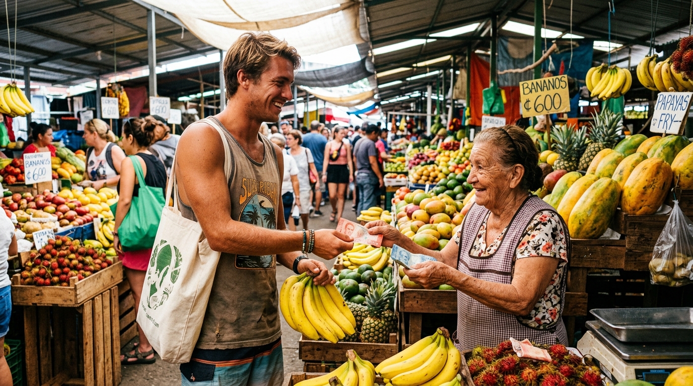 Surfer buying local bananas from a street vendor in Costa Rica