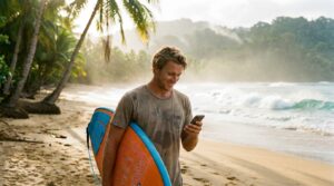 Surfer_holding_smartphone_on_beach