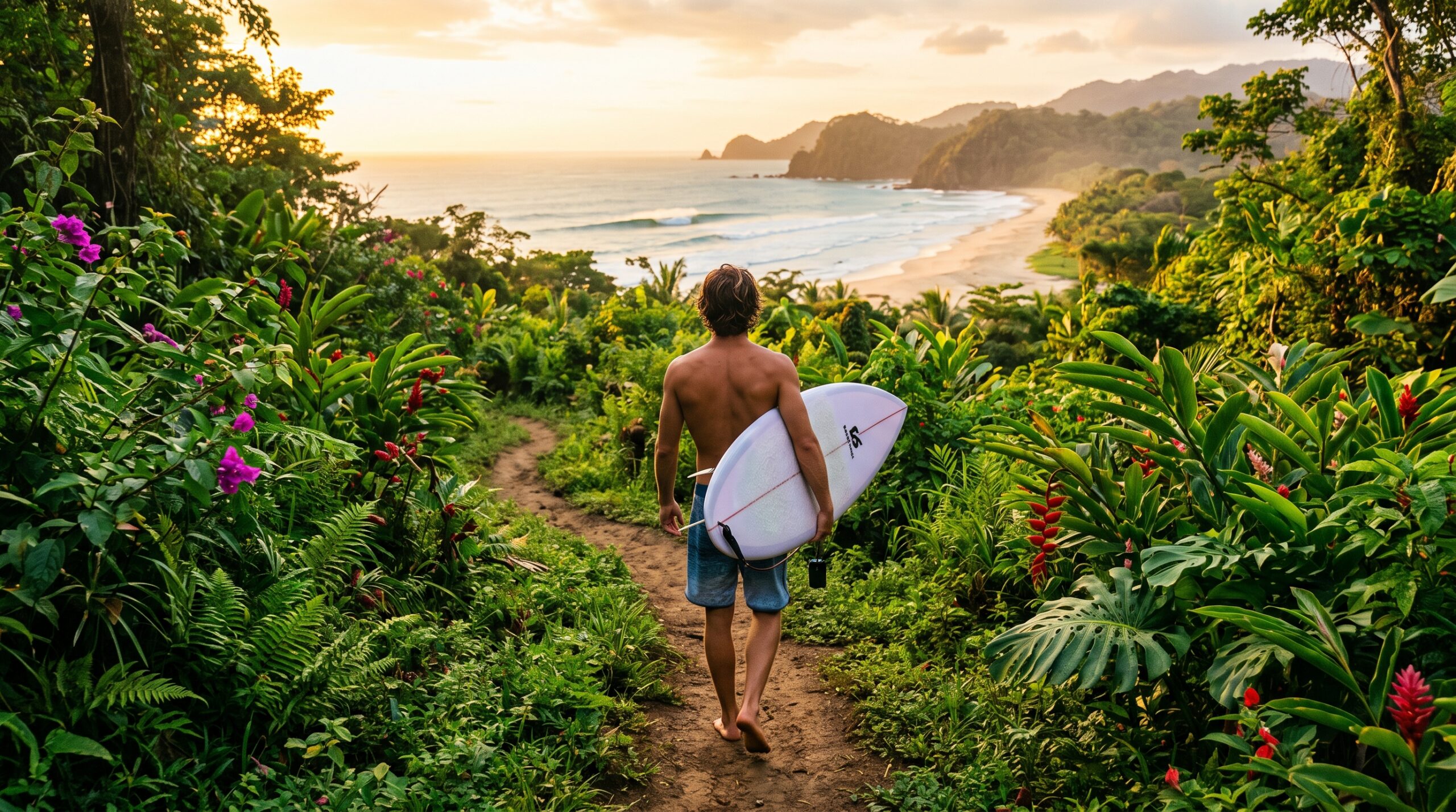 Surfer walking down a scenic jungle path toward the beach