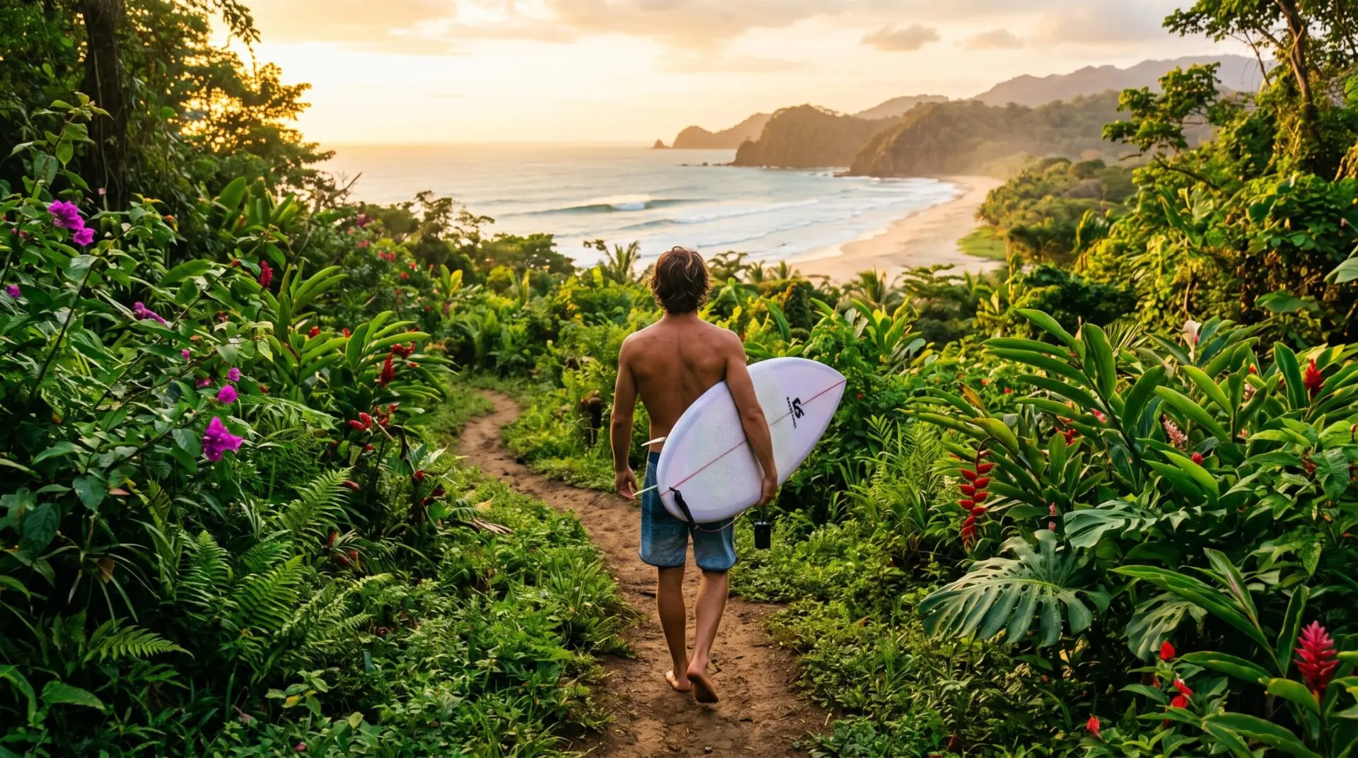 Surfer walking down a scenic jungle path toward the beach