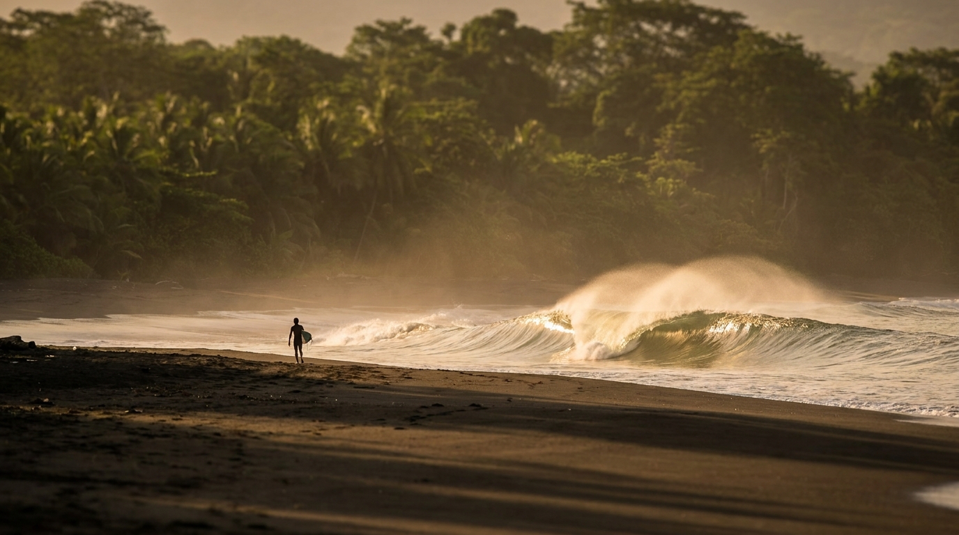 Surfer carrying a board towards uncrowded waves at one of the best surf spots in Costa Rica