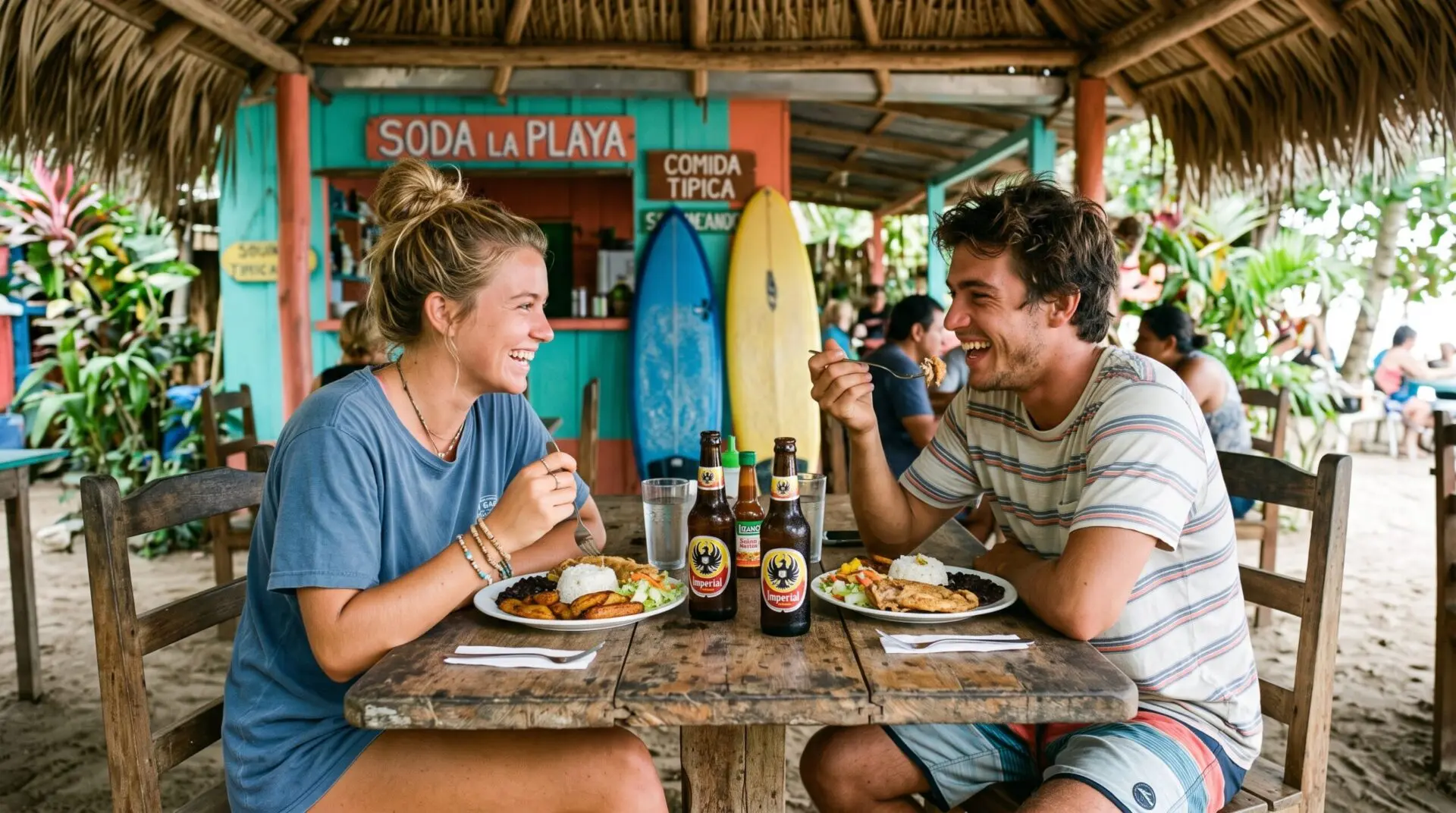 Surfers eating at an outdoor local restaurant in Costa Rica