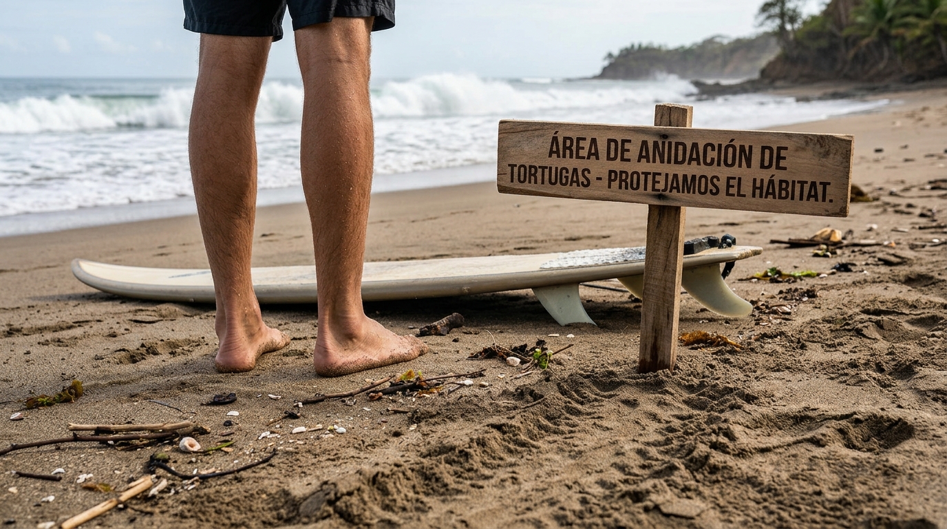 Surfer standing near a protected turtle nesting sign at Playa Grande, one of the best surf spots in Costa Rica