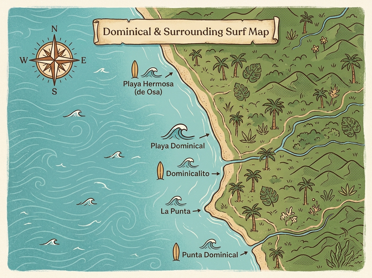 Illustrated map of Dominical surf spots including Playa Hermosa, Dominicalito, and La Punta