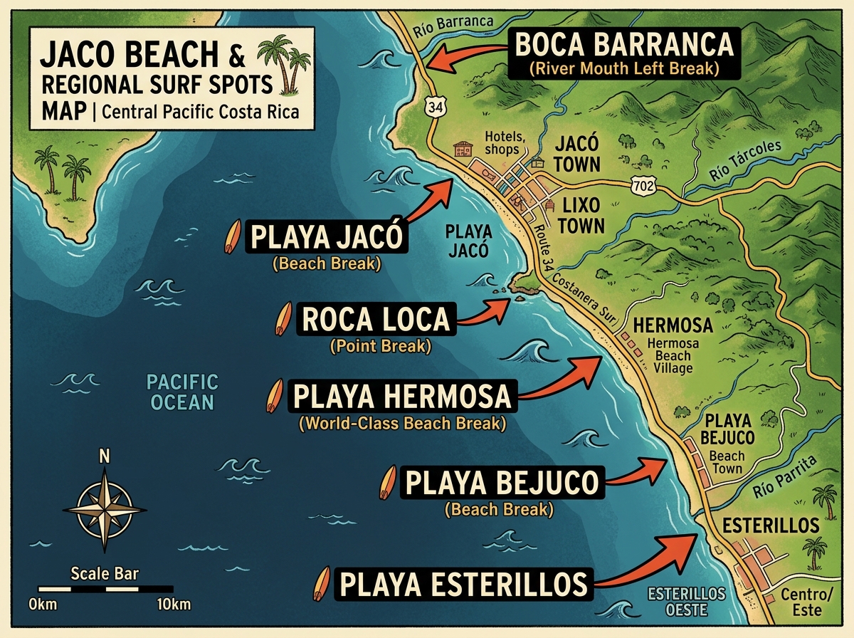Map of regional spots for surfing Jaco Costa Rica