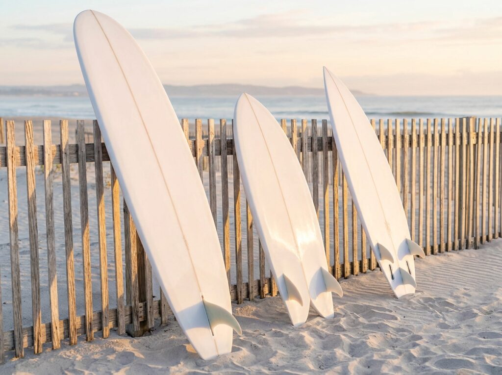 Three surfboards leaning against a beach fence demonstrating volume differences: a large beginner longboard, a mid-volume retro fish, and a low-volume pro shortboard.