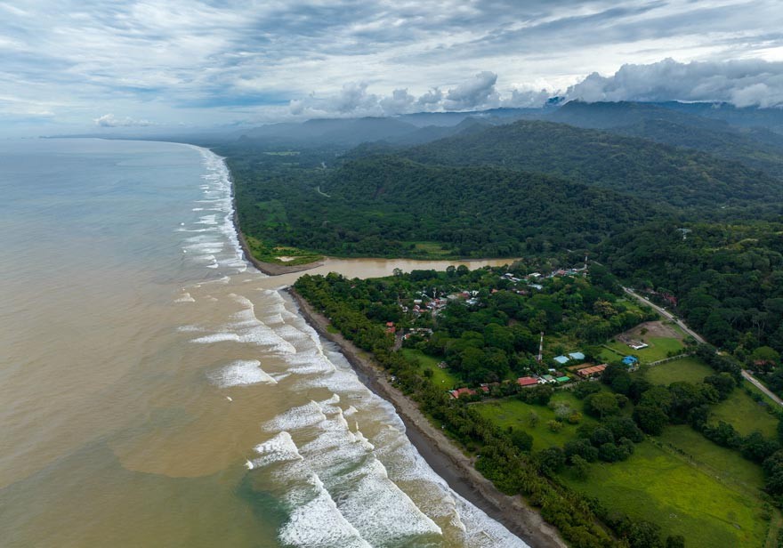 Aerial view of the town of Dominical Costa Rica and the main beach break