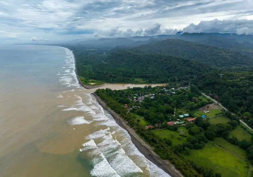 Aerial view of the town of Dominical Costa Rica and the main beach break