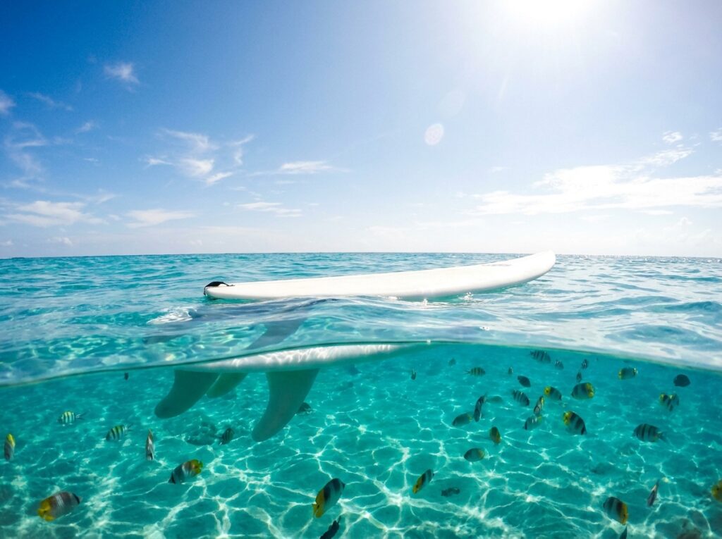 Over-under water view showing a white surfboard floating on the ocean surface and the submerged foam volume displacing water below.