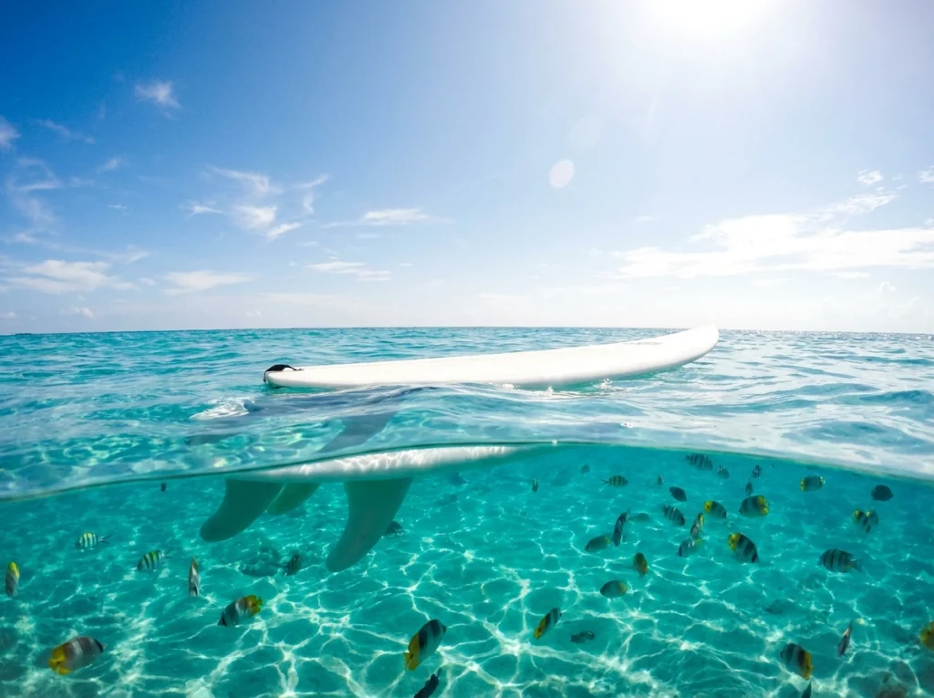 Over-under water view showing a white surfboard floating on the ocean surface and the submerged foam volume displacing water below.