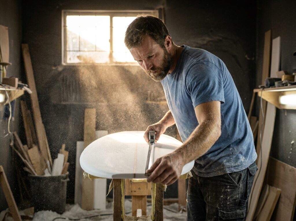 A custom surfboard shaper carefully measuring the rail thickness of a white surfboard blank in a shaping bay.