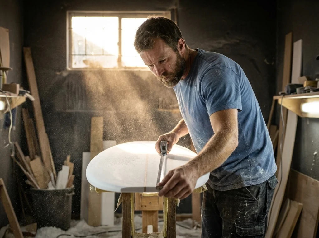 A custom surfboard shaper carefully measuring the rail thickness of a white surfboard blank in a shaping bay.